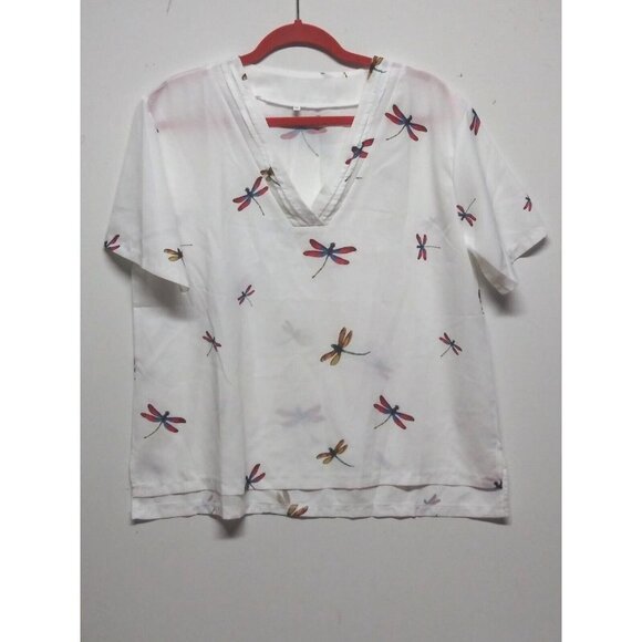 Women's White Dragonfly Print V-Neck Blouse Short Sleeve Size XL/2XL - Picture 6 of 8
